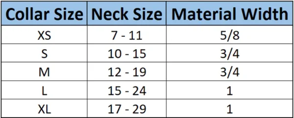 Size chart for collar